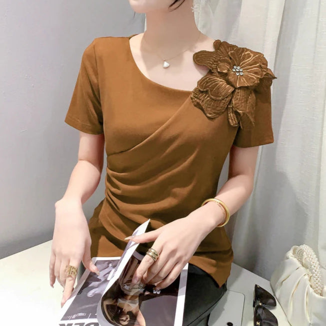 High Quality Pleated Cross Slash Neck Short Sleeve T-shirts