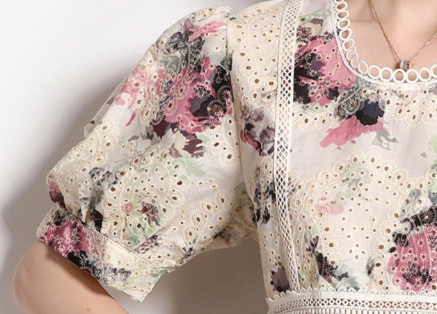 Flower Embroidery Lace Shorts Set Elegant Lantern Sleeve Shirt+Wide Leg Shorts High Quality