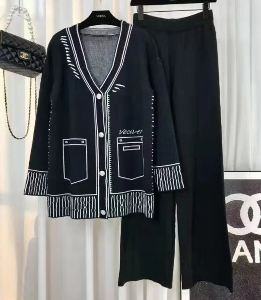 Autumn Winter Small Fragrance Knitted Two Piece Set Women Cardigan Coat + Pant Suits Fashion Casual Tracksuit 2 Piece Pant Sets