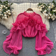 High-quality lantern-sleeved high-neck flared blouse in various colors