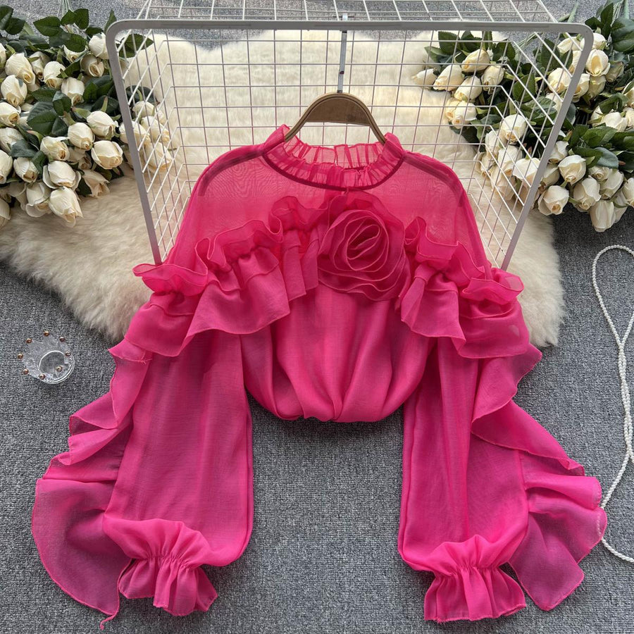 High-quality lantern-sleeved high-neck flared blouse in various colors