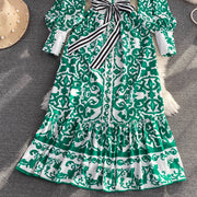 Bohemian Geometric Flower Print Stand Collar Lantern Sleeve Lace Up High Quality Maxi Dress