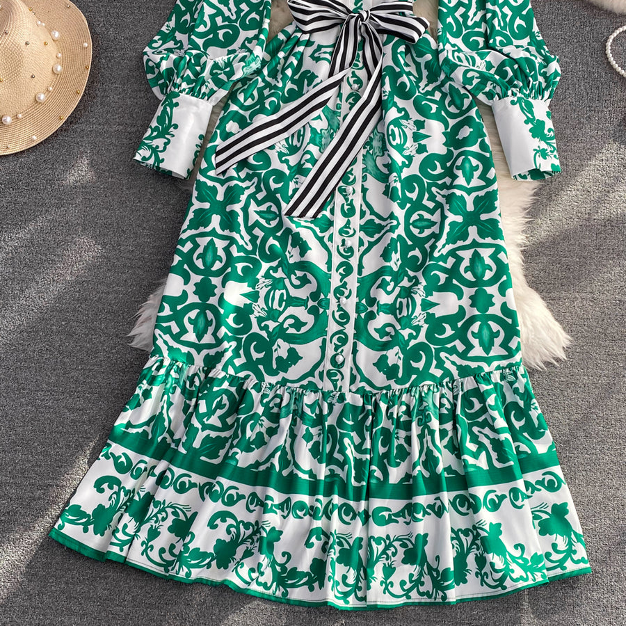 Bohemian Geometric Flower Print Stand Collar Lantern Sleeve Lace Up High Quality Maxi Dress
