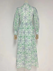 High Quality Flare Sleeve High Waist Ruched Color Printed Dresses