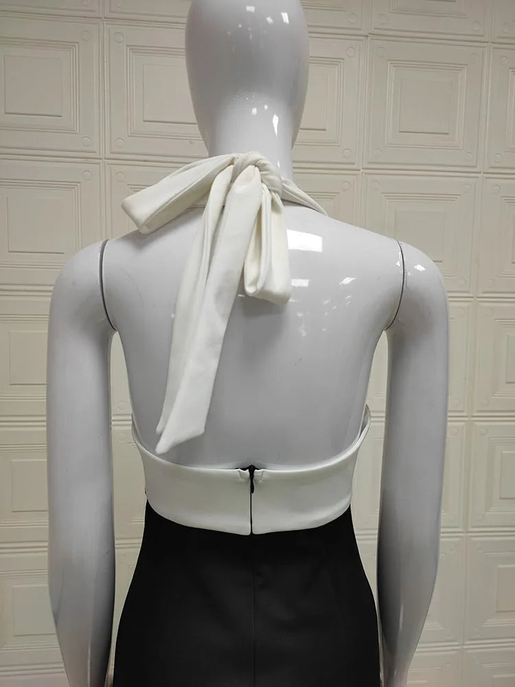 Women'Black White Contrast Color Hanging Neck Sexy Dress Pure Desire Temperament High Fashion Free Shipping