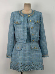 Spring Elegant Womens O Neck Beading Short Tweed Jacket Outfits Above Knee Length Sundress Two-Piece Set Slim Jackets Dress Sets