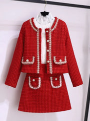 Autumn Winter Fashion Plaid Red Tweed Two Piece Set Women Pearls Single Breasted Fringed Woolen Jackets Coat + Pocket Mini Skirt