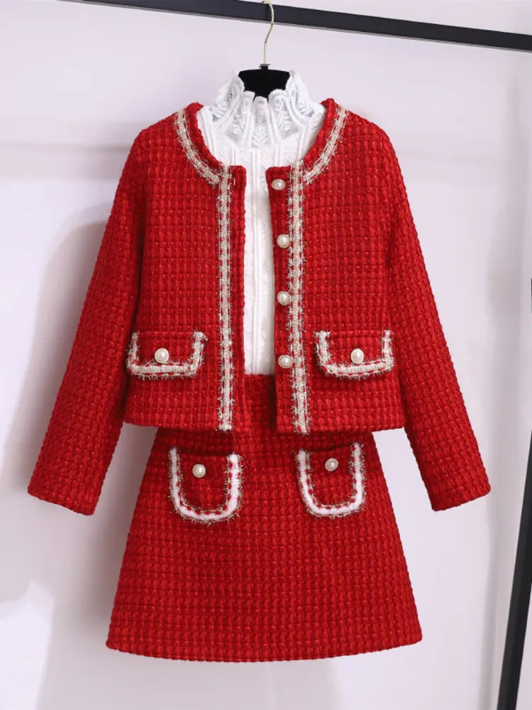 Autumn Winter Fashion Plaid Red Tweed Two Piece Set Women Pearls Single Breasted Fringed Woolen Jackets Coat + Pocket Mini Skirt