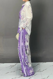Printed Collar Long Sleeve Fashion Set High Quality Wide Leg Casual Sports Pants