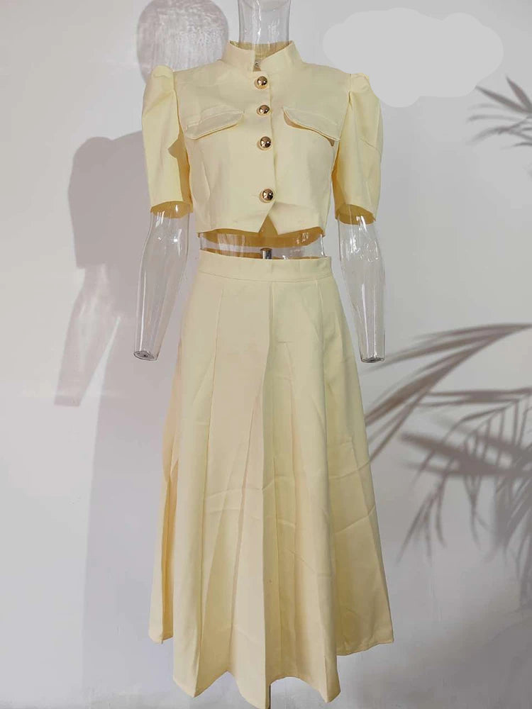 New Autumn Summer Fashion Celebrity Temperament Suit Women's Single Breasted Short Sleeved Top Medium Long Skirt