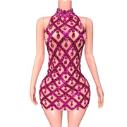 Sheer tight fit short dress with shiny pink sequins and diamonds