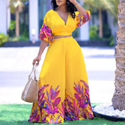 Elegant 2 Pieces Pants Sets Pleated Printed Crop Tops V Neck Half Sleeve Wide Leg Pants Fashion Female Outfits Matching Sets
