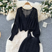 Two Piece Sets Women Skirt Set Full Sleeve Tops Long Skirts A Line High Waist  Streetwear Hollow Out Knit Work Autumn