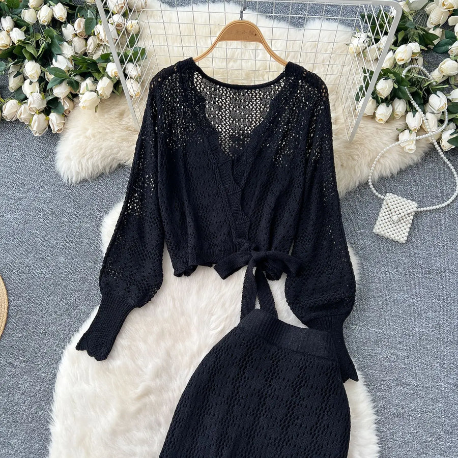 Two Piece Sets Women Skirt Set Full Sleeve Tops Long Skirts A Line High Waist  Streetwear Hollow Out Knit Work Autumn