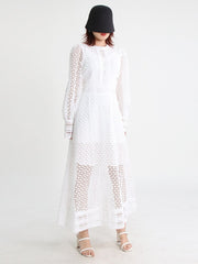 Vintage dresses round neck, flare sleeve, high waist, hollow out patchwork, high quality embroidery
