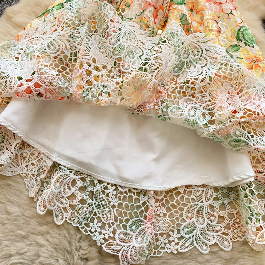 Elegant French style short dress with high quality vintage floral print