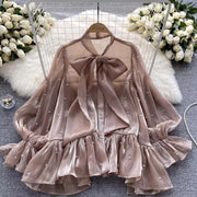 High Quality Flare Sleeve Sheer Blouses