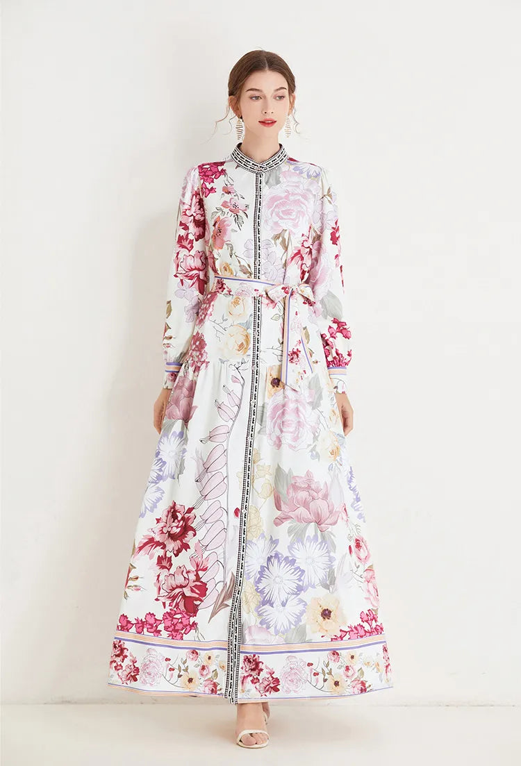High-neck floral long dresses with high-quality bows