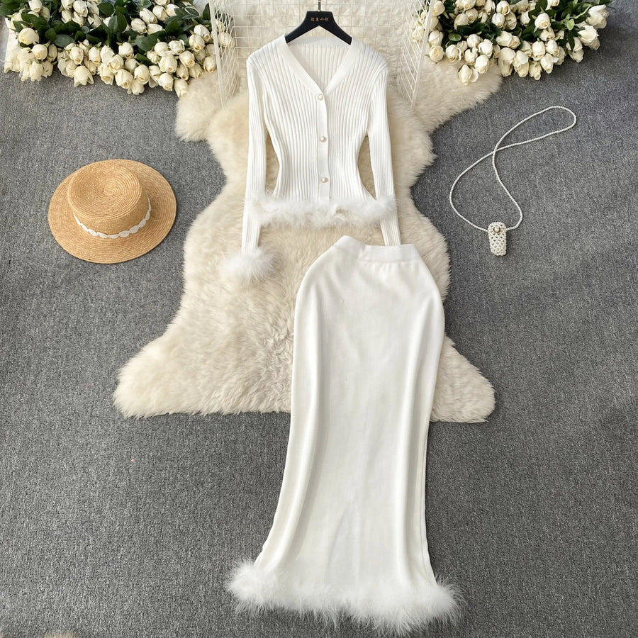 Basic Sets V-Neck Button-Down Knitted Blouse + High Quality Elastic Waist Bodycon Skirt