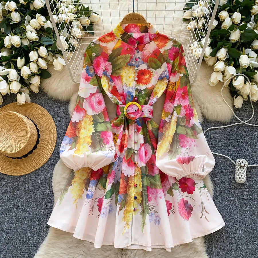 High quality long sleeve French vintage style elegant floral print dress
