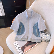 Summer New Stitched Zipper T-shirt top Female Set Elegant Women's Jeans Casual Blouse Two Piece Set Ladies Tracksuits big