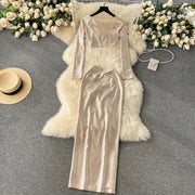 Vintage Two Piece Skirt Sets O-neck Long Sleeve Crop T-shirt and High Waist Hip Wrap Skirt High Quality