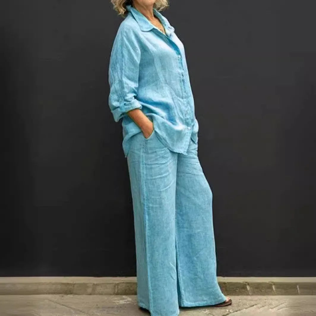 Casual Two Piece Set Cotton Linen Long Sleeve Shirt+Straight Pants