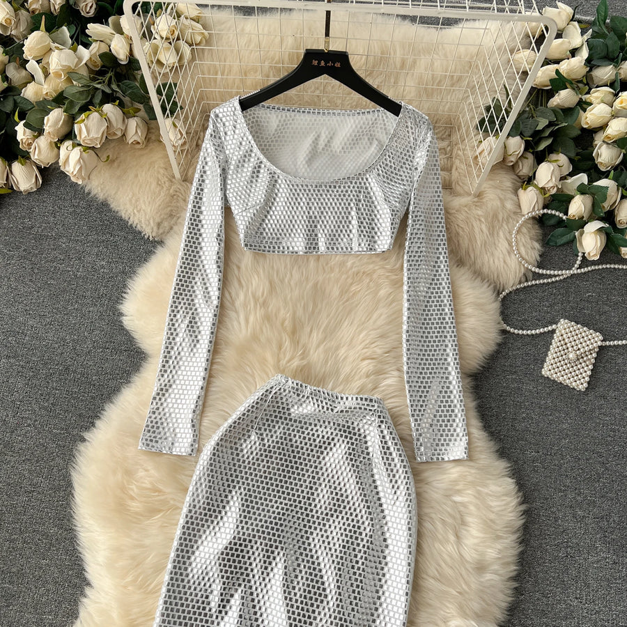 Vintage Two Piece Skirt Sets O-neck Long Sleeve Crop T-shirt and High Waist Hip Wrap Skirt High Quality