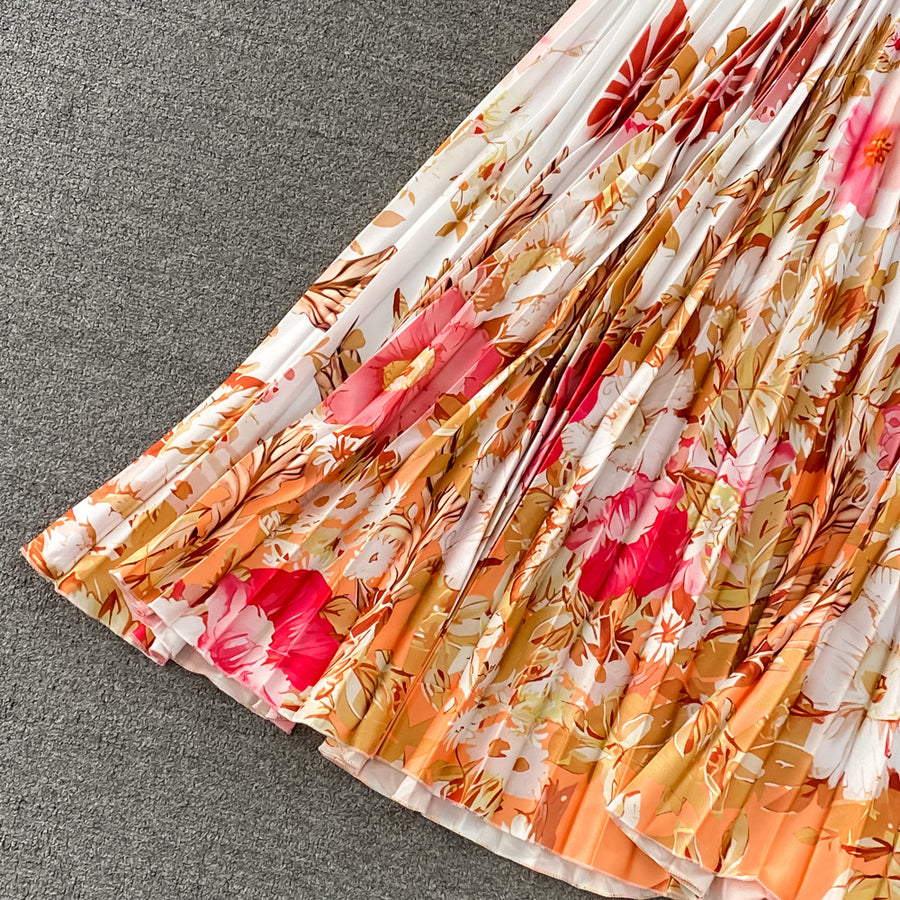 High Quality High Waist Short Sleeve Color Print Pleated O-Neck Dress