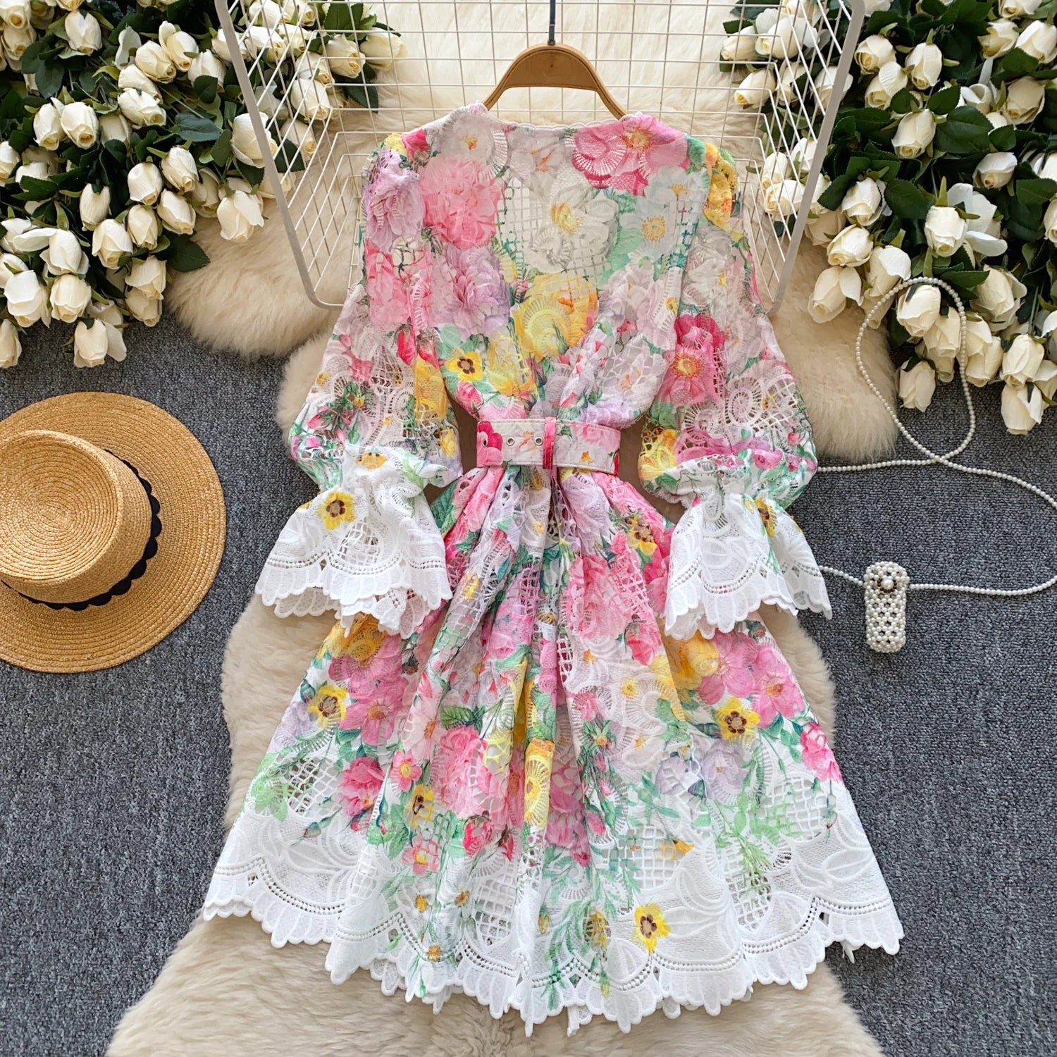 Elegant French style evening dress with high quality floral print