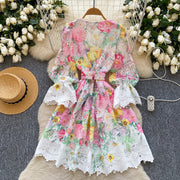 Elegant French style evening dress with high quality floral print