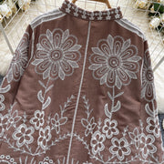 Basic loose long-sleeved polo-neck blouse embroidered with flowers and French-style hook