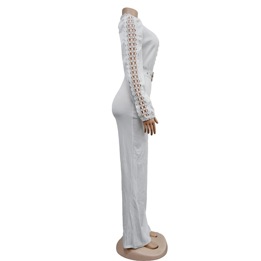 Elegant Hollow Out Turtleneck Long Sleeve Slim Fit Jumpsuit with Belt High Quality