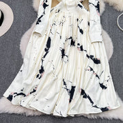 High Quality Satin Ink Print Polo Neck Long Sleeve A-Line Shirt Dress