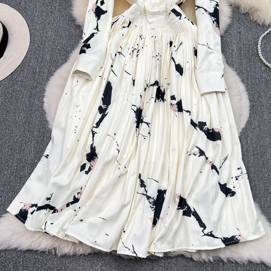 High Quality Satin Ink Print Polo Neck Long Sleeve A-Line Shirt Dress