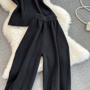 Pant Set Women Two Piece Sets Matching Sets Sleeveless Knitted Slim Fit Tops Wide Leg Long Pants High Elastic Waist Casual