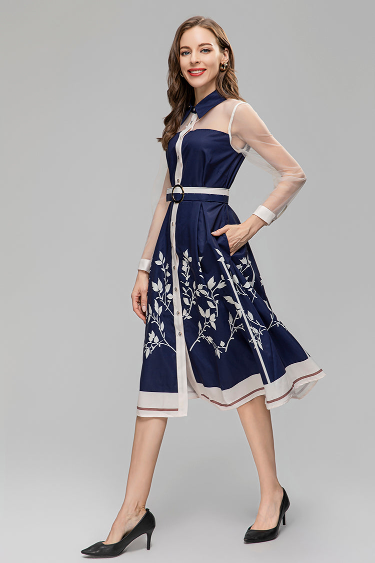 High Quality Turn-down Collar Perspective Long Sleeve Button Slit Midi Vintage Print Dress