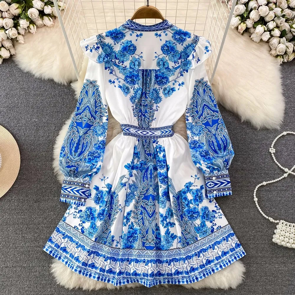 Spring Autumn Women Short Dress Runway V-Neck Long Lantern Sleeve Single Breasted High Waist Party Vestidos A2297