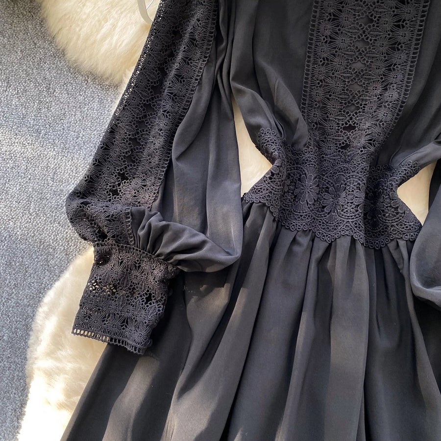 Elegant French vintage style high neck long sleeve evening dress with high quality lace openwork and splicing