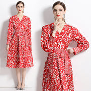 High Quality Vintage Floral Print Cross V Neck Long Sleeve Pleated Midi Dress