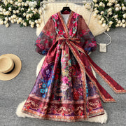 High quality vintage palace print French style elegant evening dress