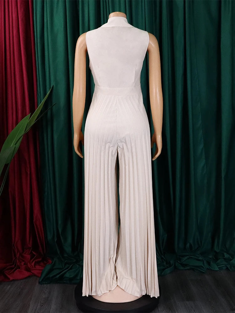 Sexy Deep V Neck Pleated Jumpsuits High Quality Sleeveless Wide Leg Pants