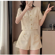 Two 2 Piece Shorts Sets Women Tweed Shorts Suits Office Ladies Single-Breasted Short Sleeve Jacket Coat High Waist Shorts S-XL