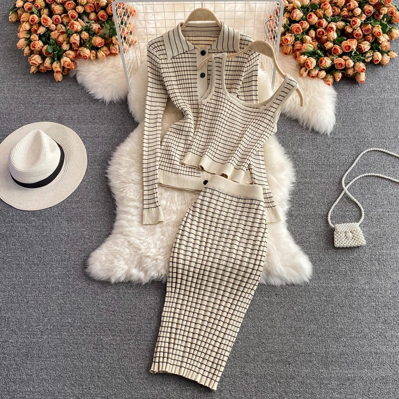 3-piece set knitted set tube skirt + high-quality knitted cardigan