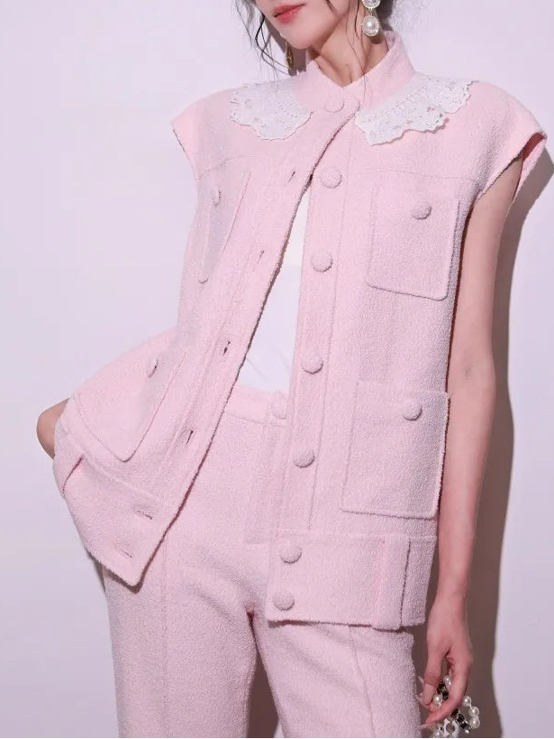 Sweet Pink Lace Collar Women Vest Sets Loose Fit Multi Pocket Sleeveless Jacket Two-Piece Set Full Length Wide Leg Pant Outfits