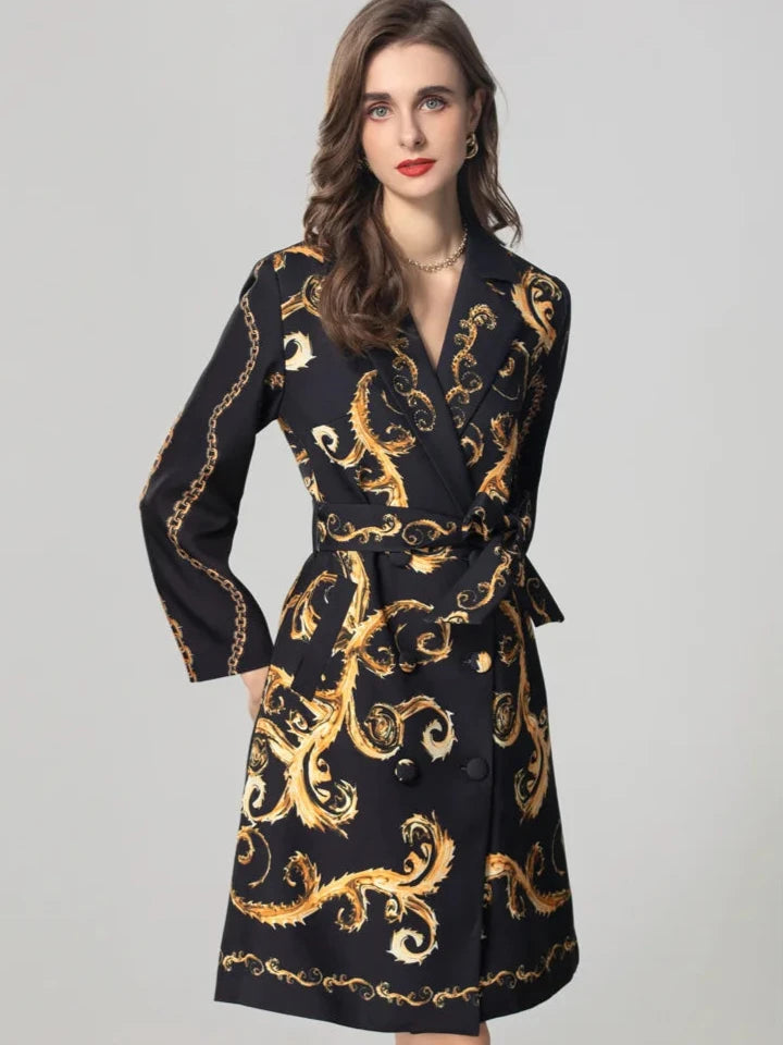 High quality vintage yellow flower print double breasted belt elegant coat.