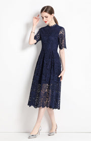 High Quality Hollow Out Short Sleeve Vintage Solid Midi Length Embroidery Lace Elegant Dresses