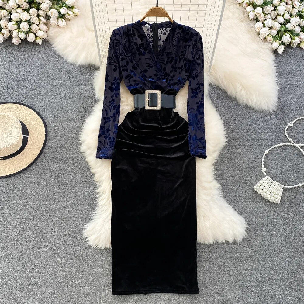 High Quality High Waist V Neck Elegant Print Pleated Pencil Dress