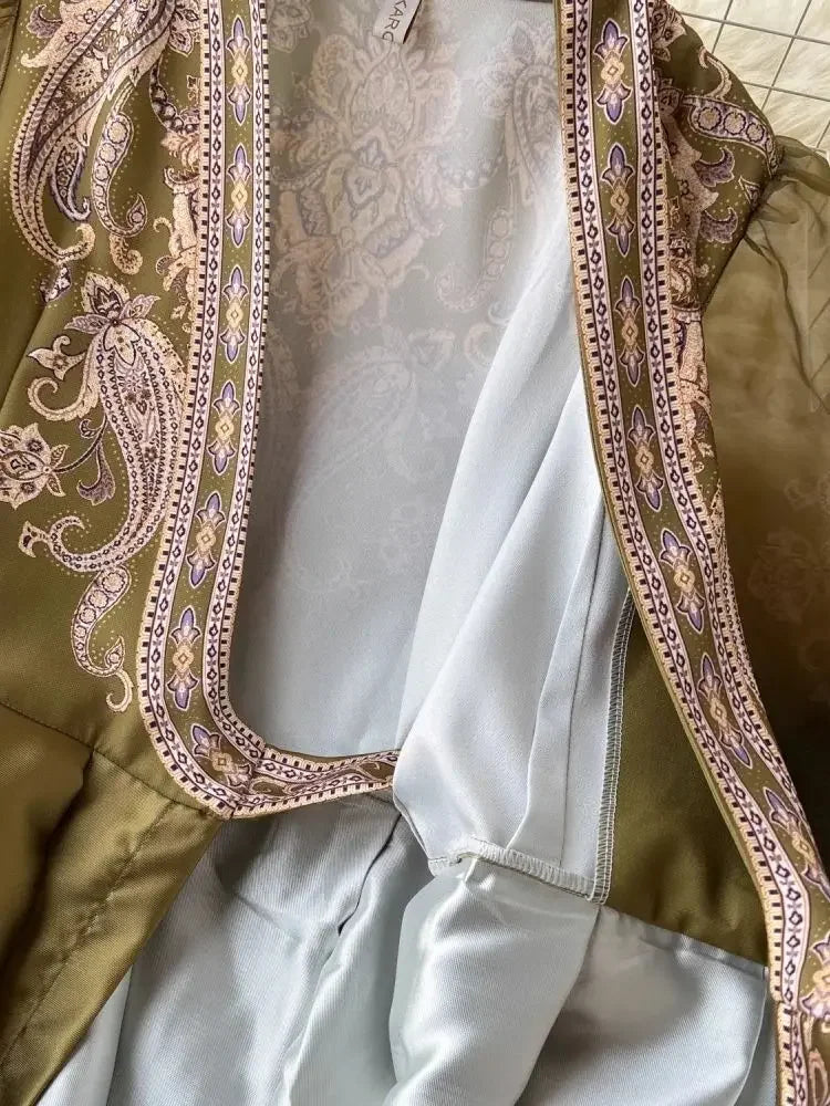 High-quality paisley print patchwork wrap puff sleeve maxi party dress