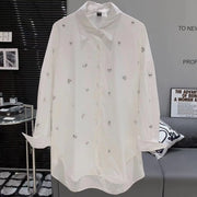 Luxury Exquisite Blingbling Diamonds Cotton Mid-length Shirts Blouses For Women  Spring Summer Long Sleeve Tops Blusas